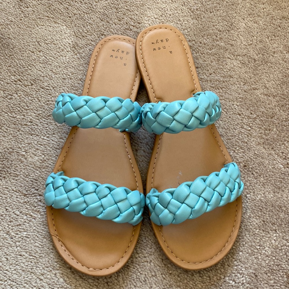 A New Day, braided blue sandals